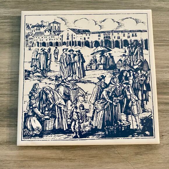 Vintage Collectors Ceramic Tile, Italian Setting, Community Gathering, Trivet - Picture 1 of 4